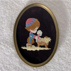 Vintage Ecstasy Giftware Brown Velvet Embroidered  Oval Framed Art